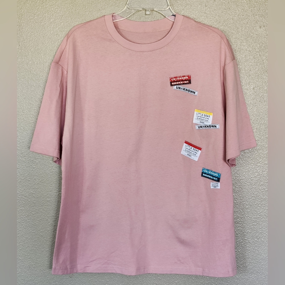 NWT Peacebird Women's Pink Graphic Positive Patches T-Shirt